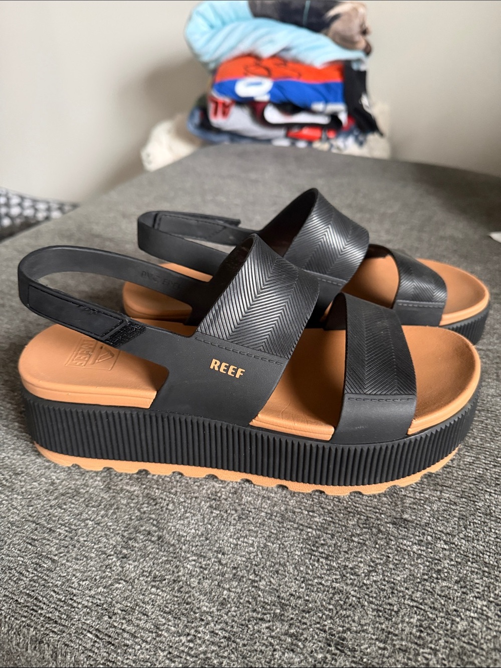 Reef Women's Black Platform Sandals with Tan Footbed